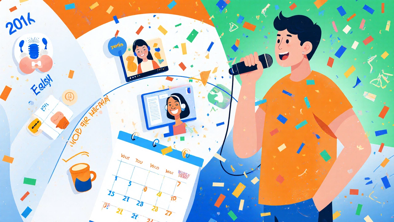 Calendar collage of a 30‑day English fluency plan with a confident speaker.
