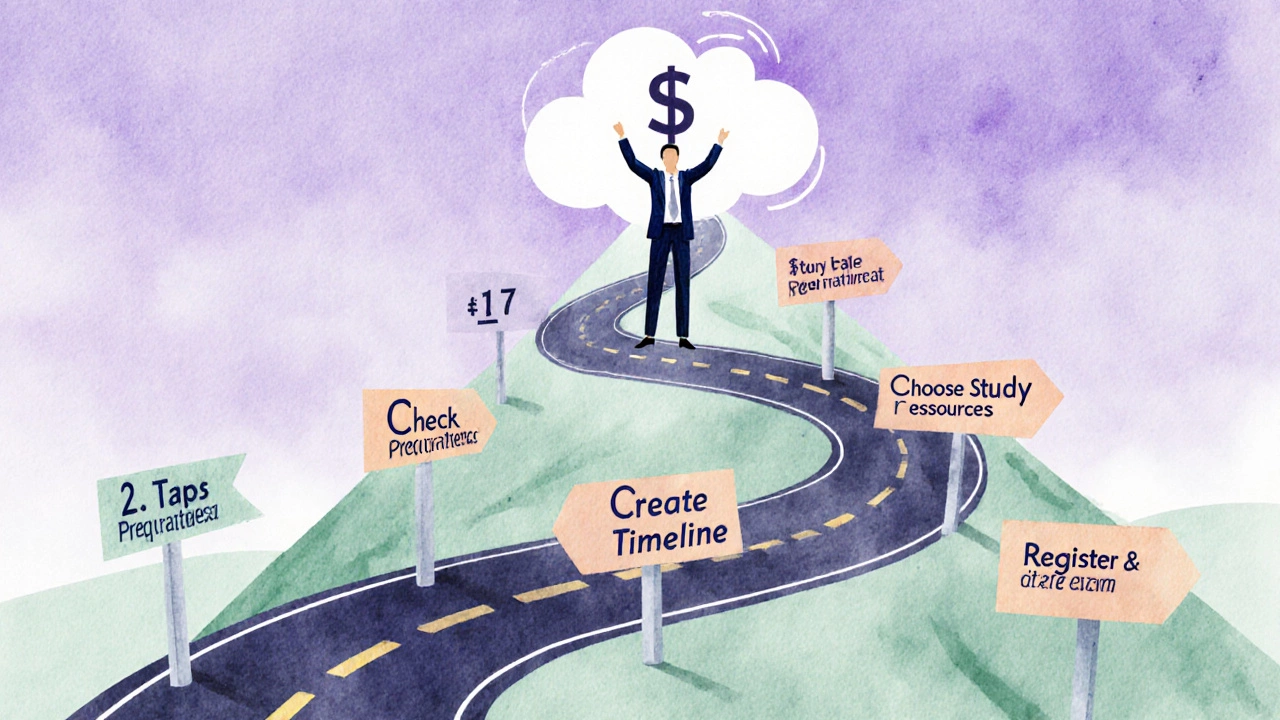 Career roadmap illustration showing steps to earn a high‑paying cert, ending at a dollar‑shaped cloud.