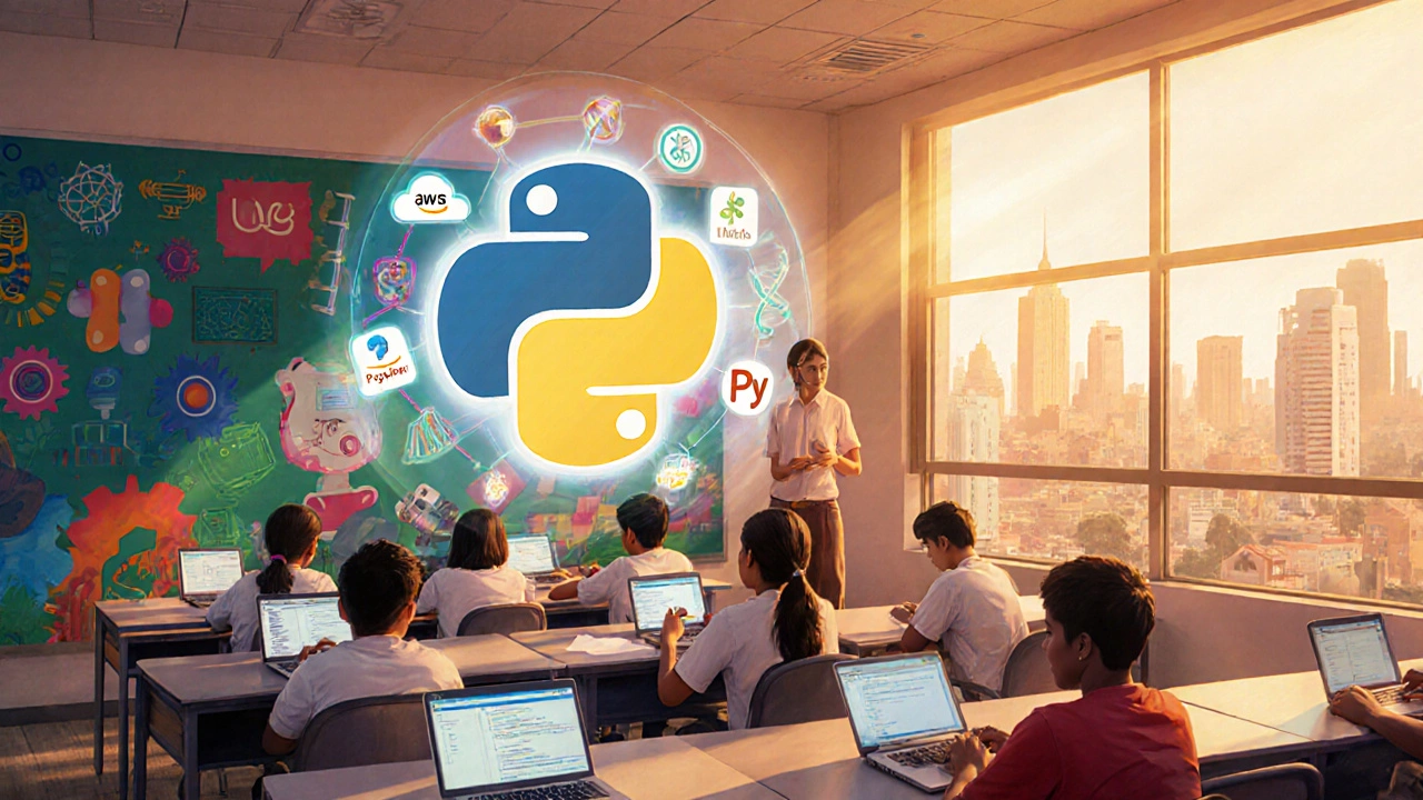 Classroom with students using laptops, teacher displaying holographic Python snake with tech icons, bright collaborative setting.
