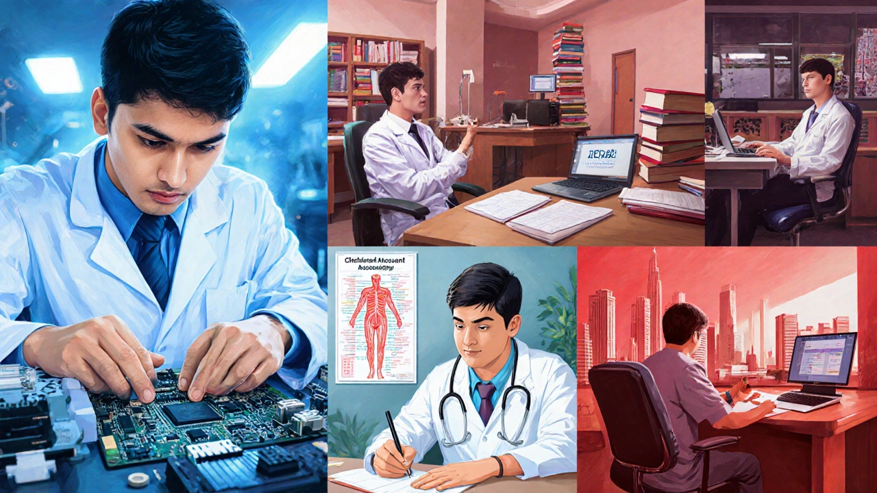 Collage of IIT engineering lab, MBBS clinical ward, CA study desk, law moot court, and architecture studio.