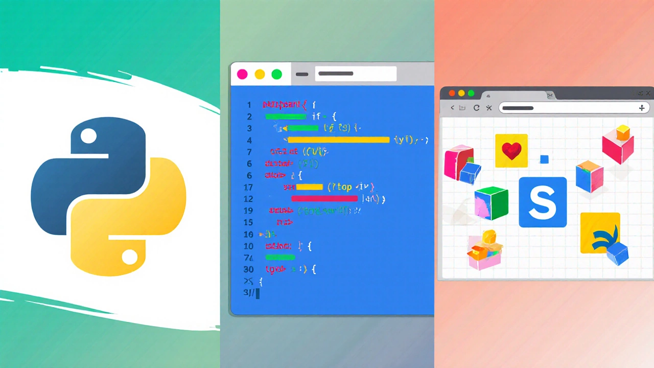 Collage of Python, JavaScript, and Scratch visuals showing simple code and blocks.
