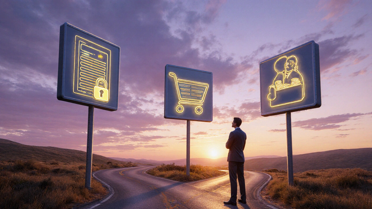 Crossroads with three symbolic signs for data control, direct sales, and budget.