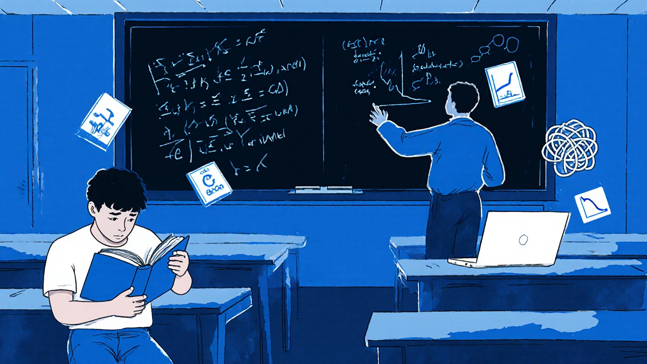 Crowded lecture hall with stressed student holding heavy textbook and coding laptop.