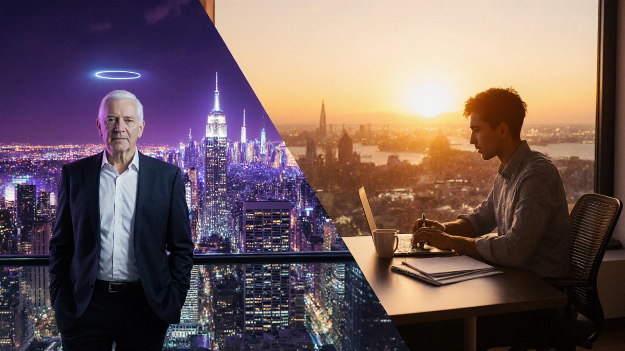 Executive overlooking city skyline and young entrepreneur with laptop showing career outcomes.