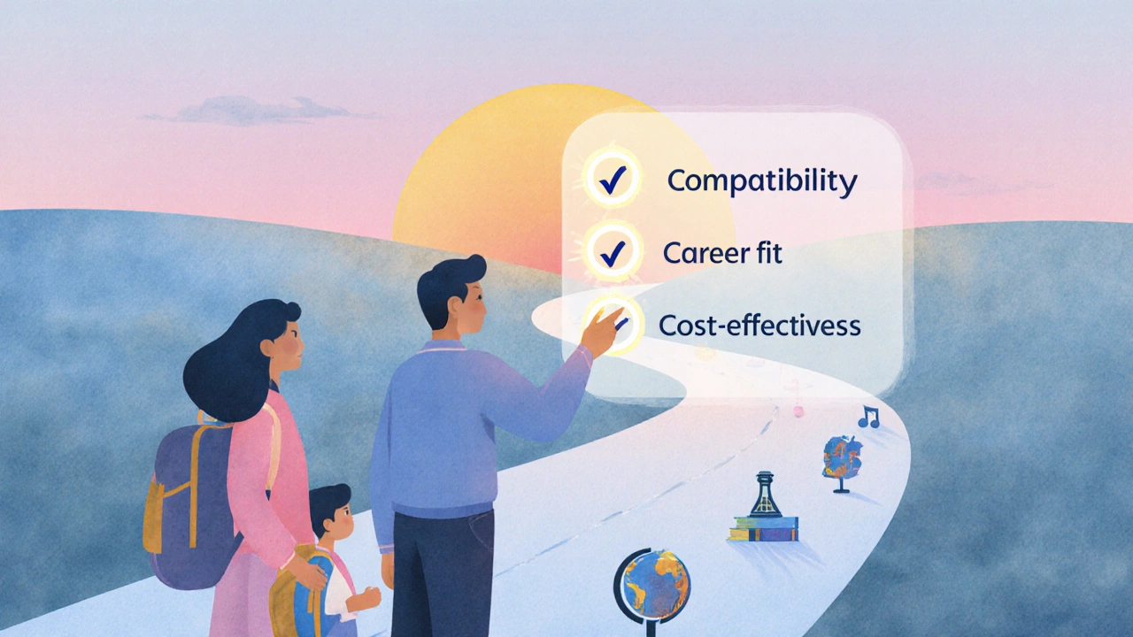 Family reviewing a checklist and stepping onto a bright path symbolizing the 3‑C decision framework.