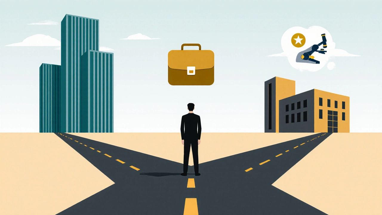 Flat design of a person at a forked road choosing between MBA and Master’s paths.
