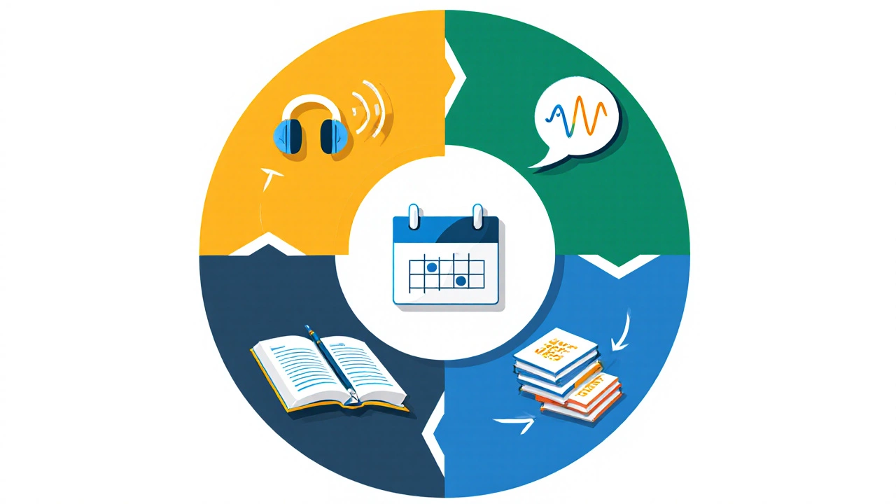 Flat illustration of five self‑study pillars with icons for listening, speaking, reading, writing, vocabulary.