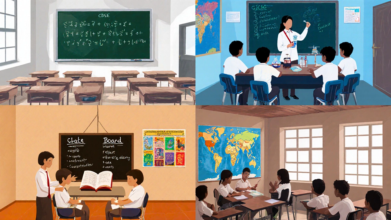 Four classroom settings side by side showing distinct teaching styles of CBSE, ICSE, State and International curricula.