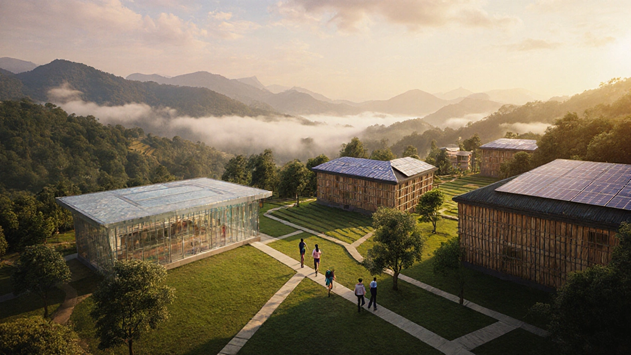 Futuristic IIT campus concept nestled in Manipur's green hills.
