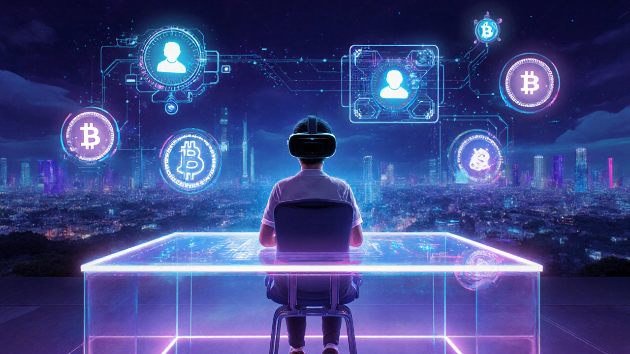 Futuristic student using holographic AR/VR learning tools with AI and blockchain badges.