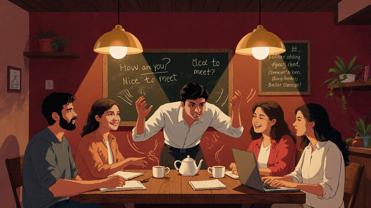 Group conversation in a cozy cafe showing English speaking practice.