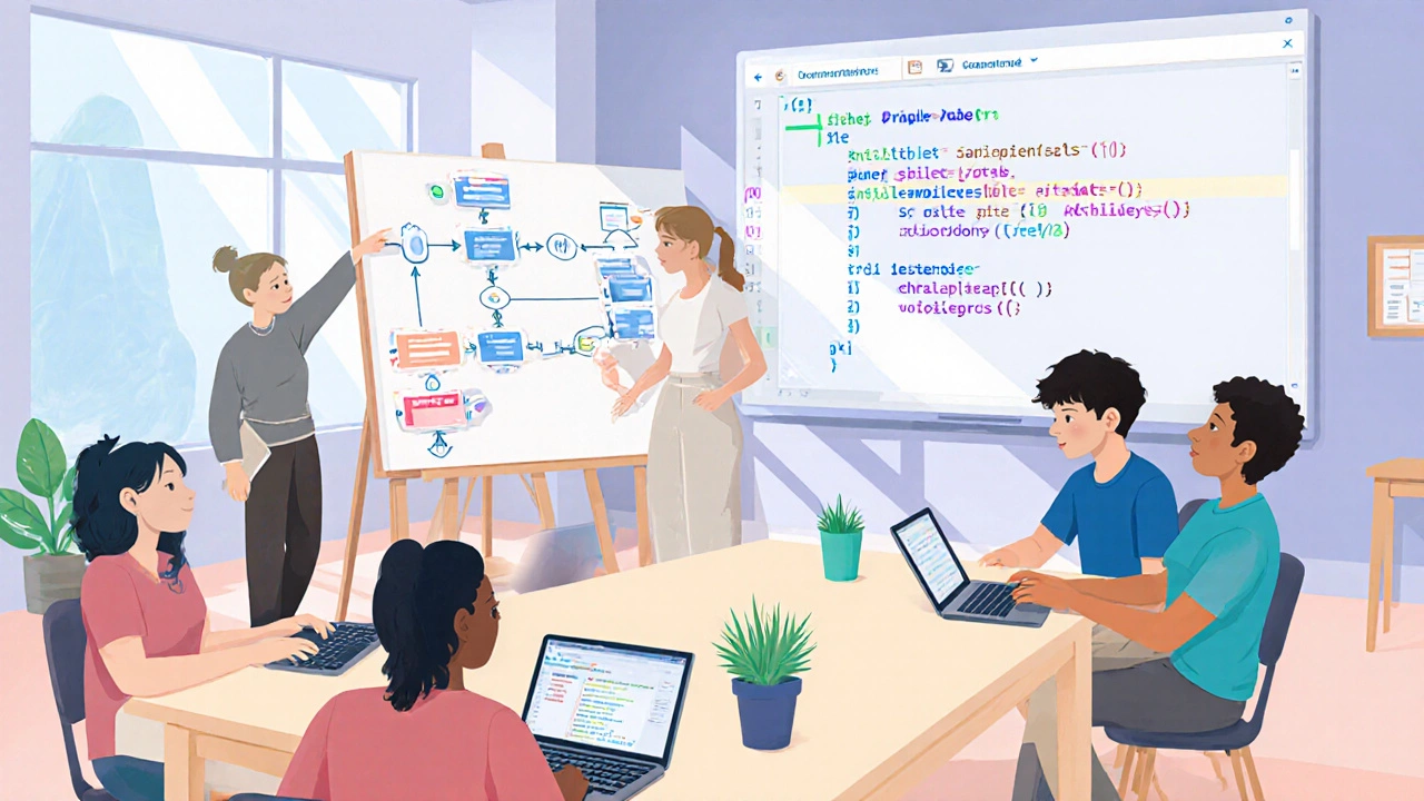 Group workshop with pair programming, flowchart, and visual debugging on screen.