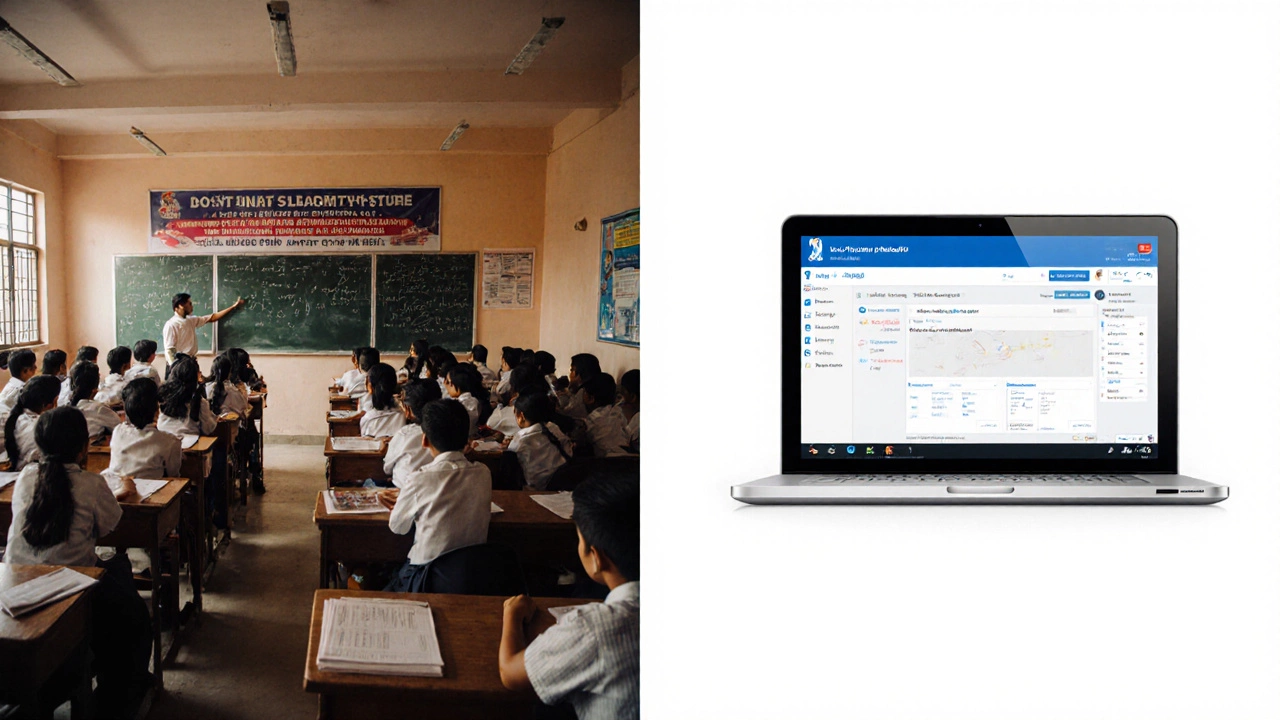 Half classroom with many students and teacher, half laptop screen showing simple video lecture.