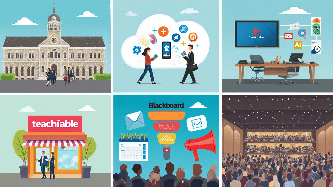Illustrated split view of various eLearning platforms represented by distinct scenes.