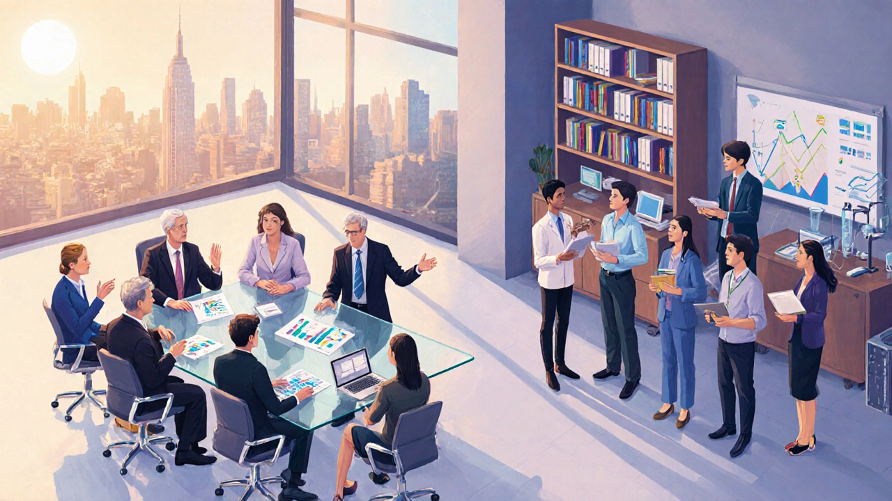 Illustration of business professionals and recent graduates discussing at a round table.