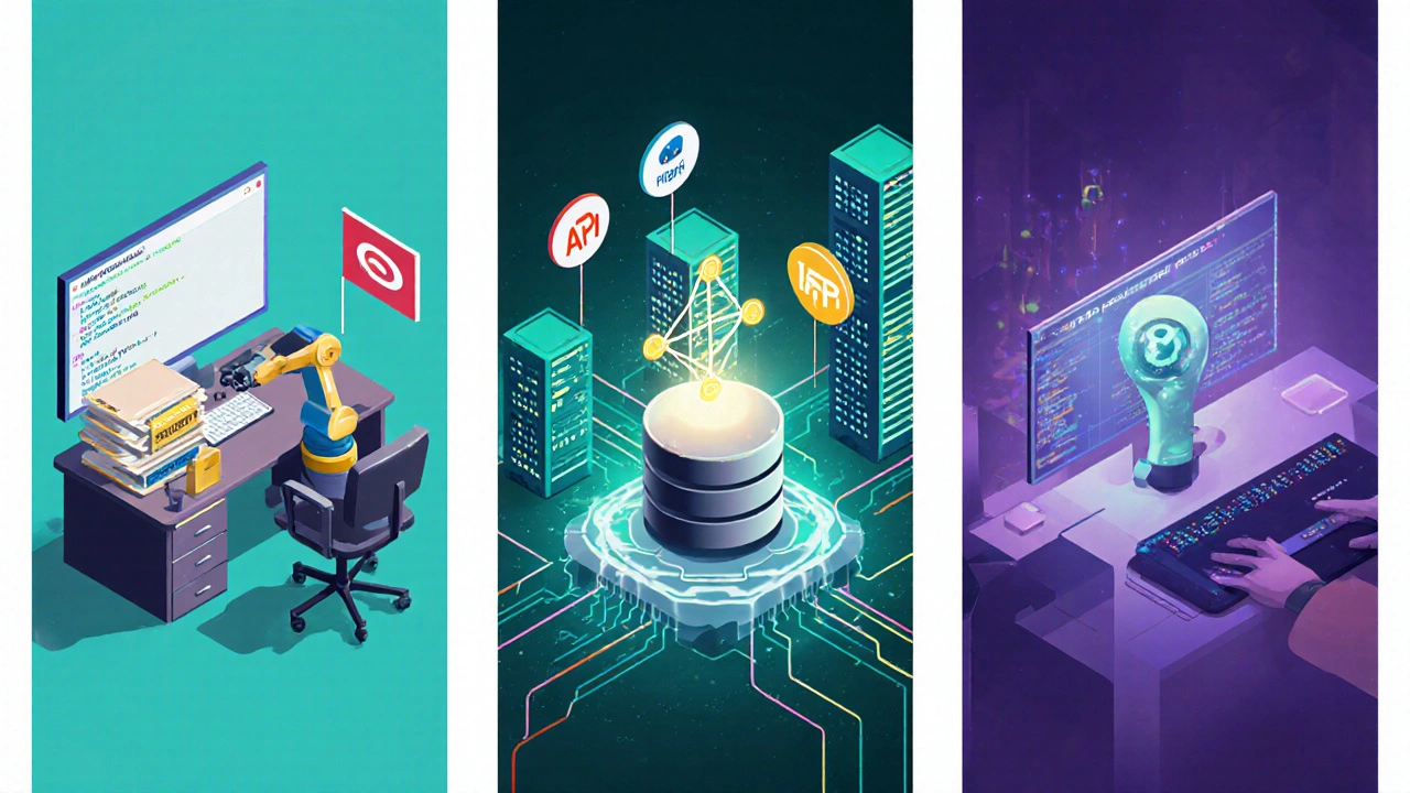 Isometric panels showing automation with scripts, web development with servers, and machine learning with neural network visuals.