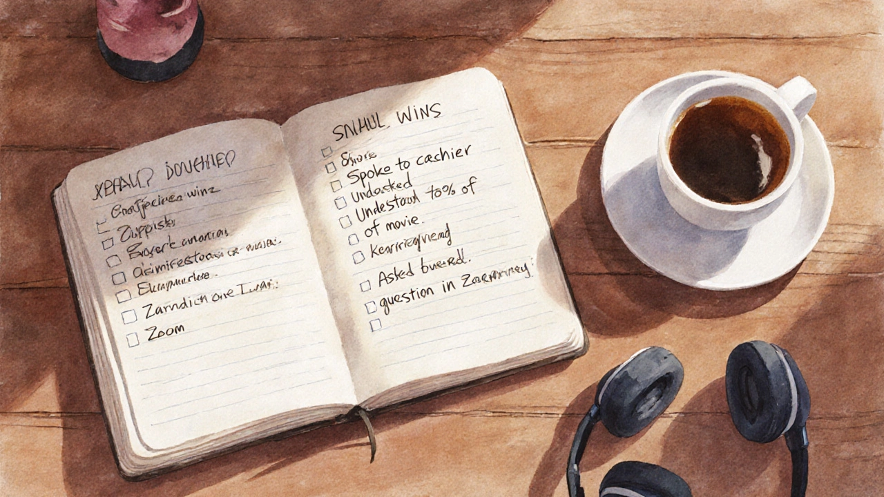 Journal showing daily English progress with coffee and headphones nearby.