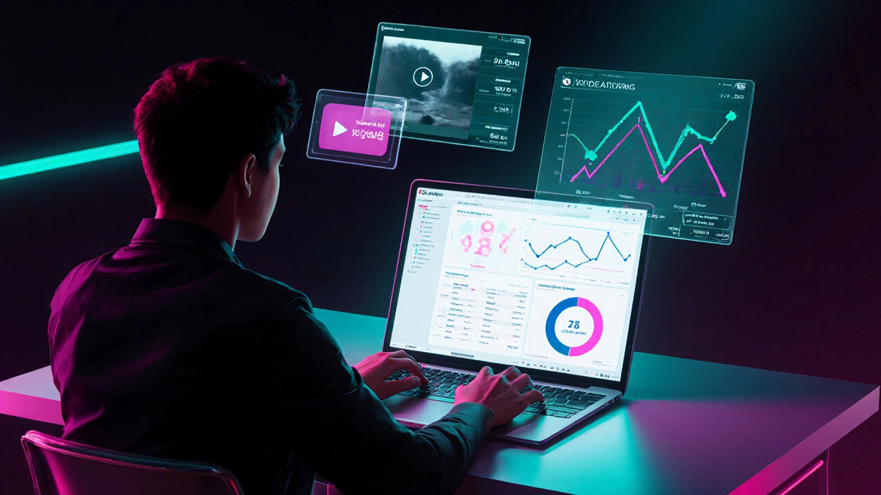 Learner using a laptop with floating quiz and analytics visuals.