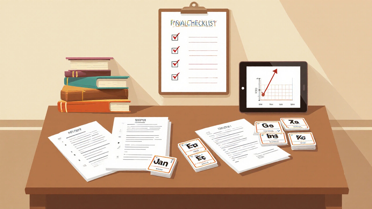 Organised study desk with formula sheets, flashcards, mock tests, and a checked checklist.