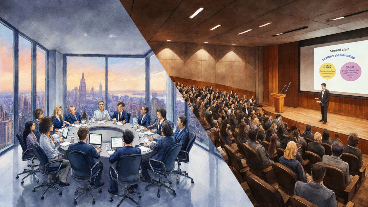 Small executive EMBA group at a round table and large MBA lecture hall with many students.