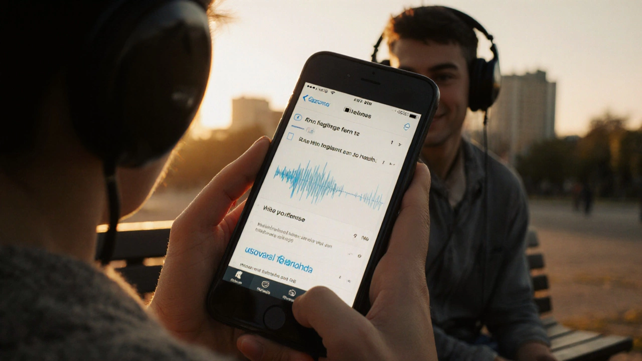 Someone listening to a podcast and repeating phrases aloud on a park bench.