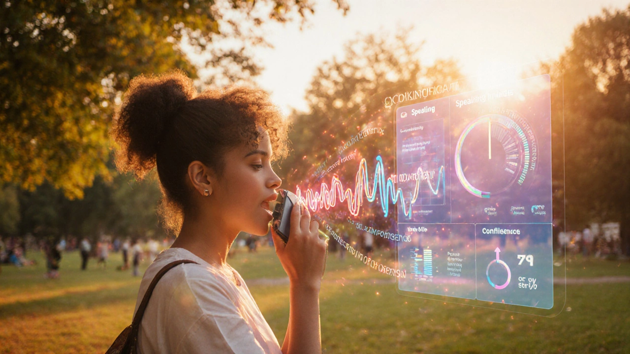 Someone speaking on a phone in a park with glowing sound waves and a progress overlay.