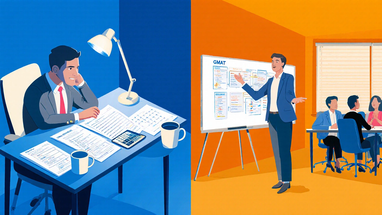 Split view of candidate studying GMAT and leading a team meeting.