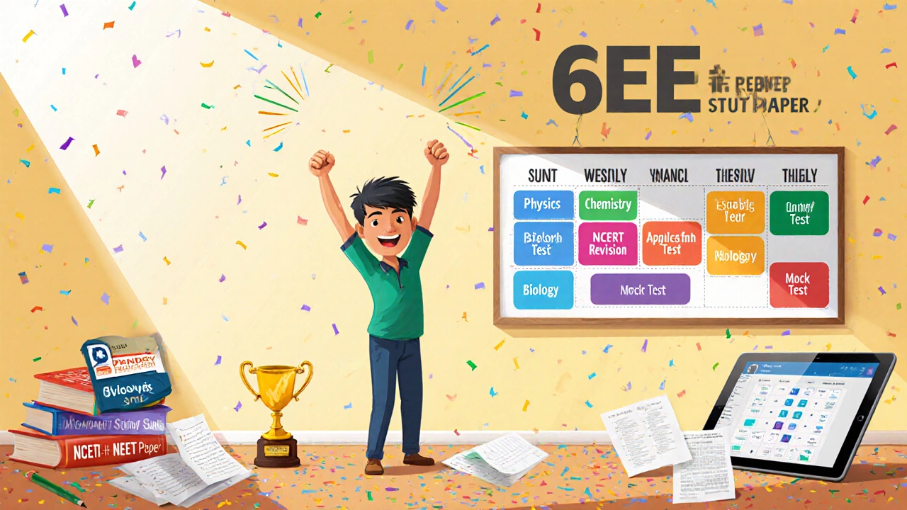 Student celebrating a high NEET score beside a colorful weekly study schedule and study materials.