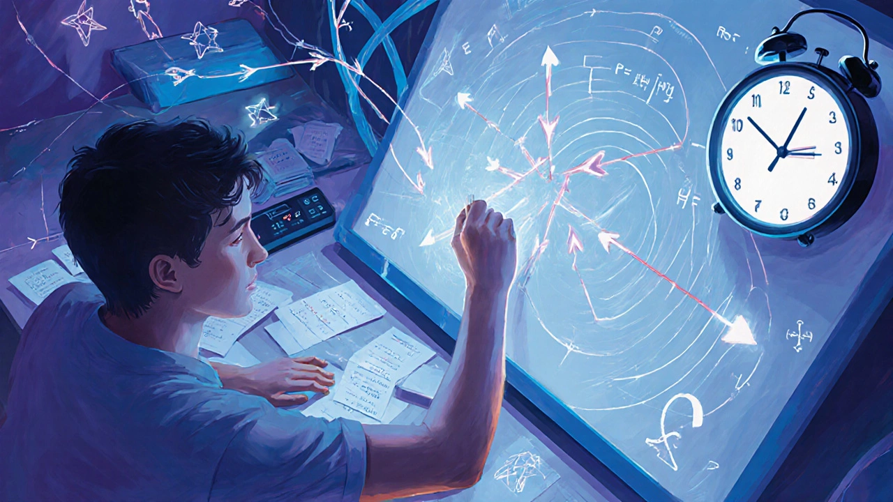 Student drawing physics diagrams with vectors and a clock showing time pressure.