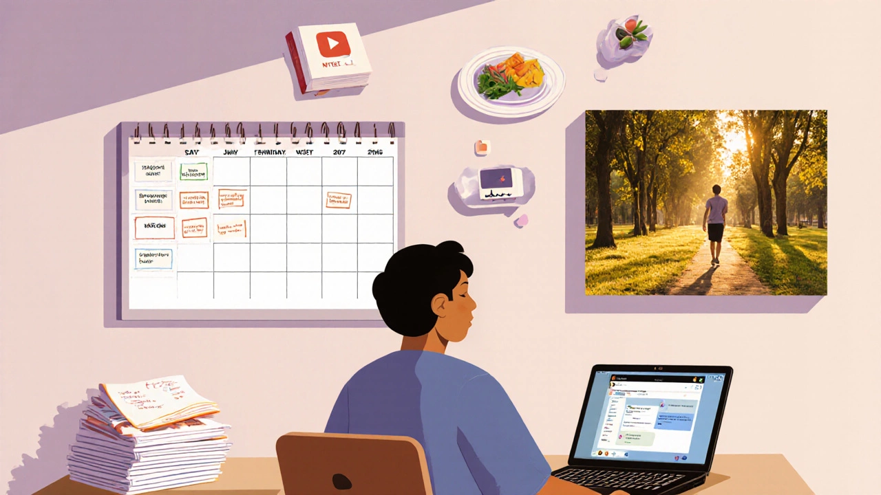 Student planning micro‑goals, doing mock exams, chatting with peers, and walking in a park for balance.