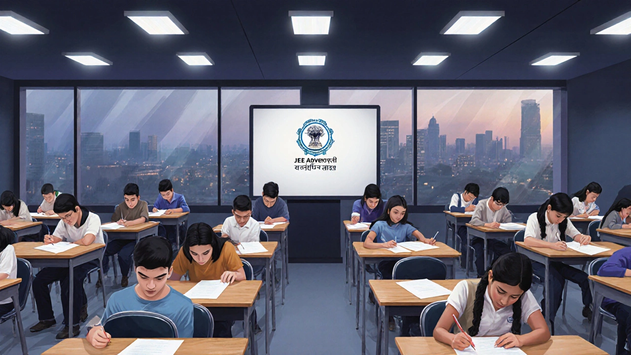 Students seated in a modern exam hall taking the JEE Advanced test.
