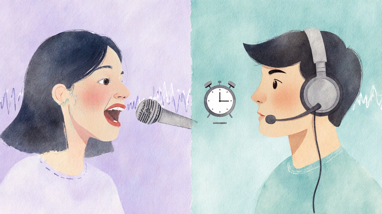 Watercolor split scene of a learner shadowing a native speaker.