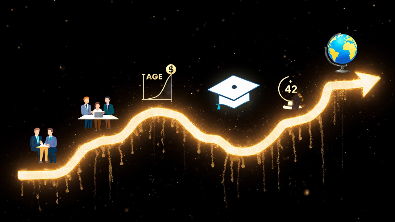 A glowing timeline showing professional milestones leading to an MBA diploma, representing readiness over age.