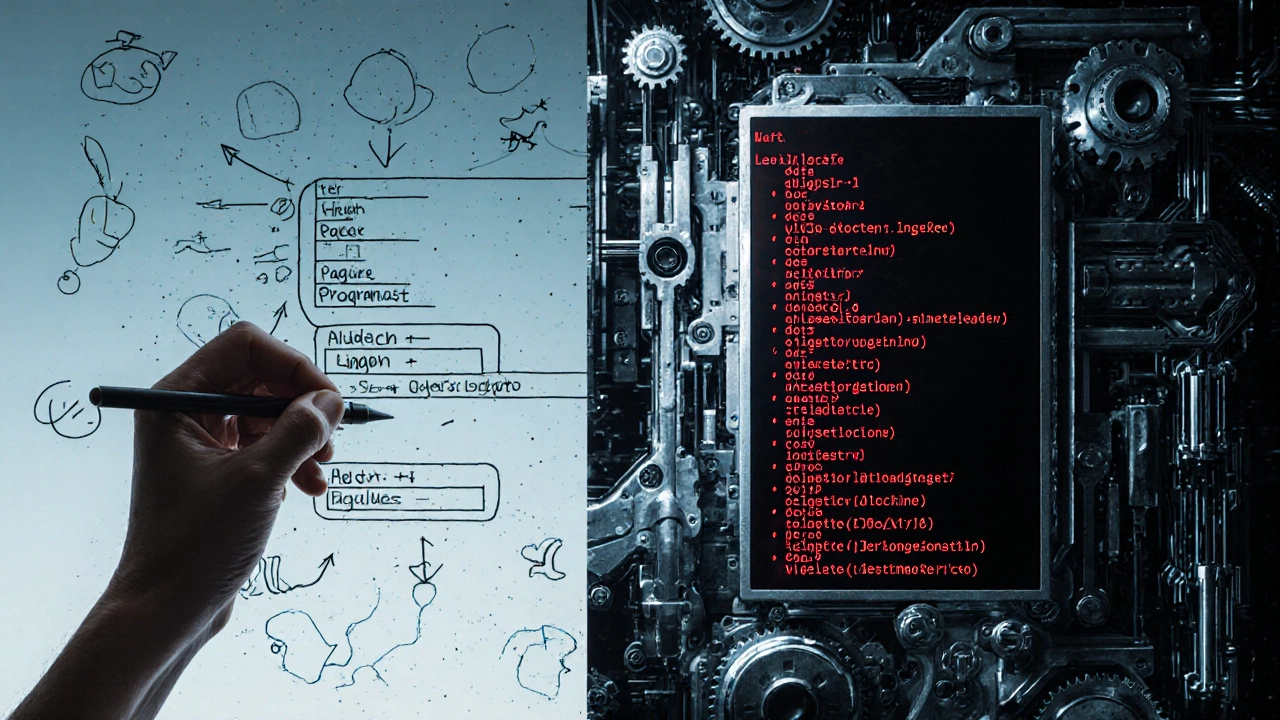 A human sketch contrasts with a rigid machine processing code, symbolizing intuitive vs precise thinking.