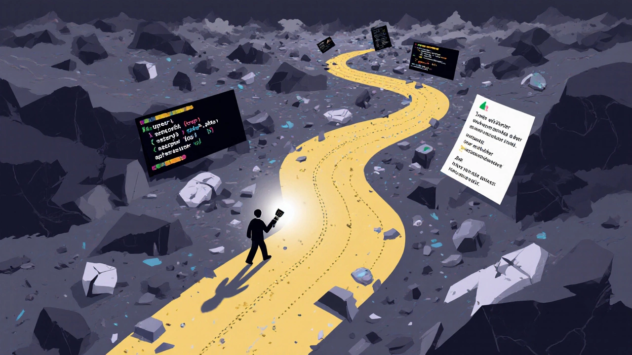 A lone figure walks a path through chaos of broken code, guided by a light from a debugging statement.
