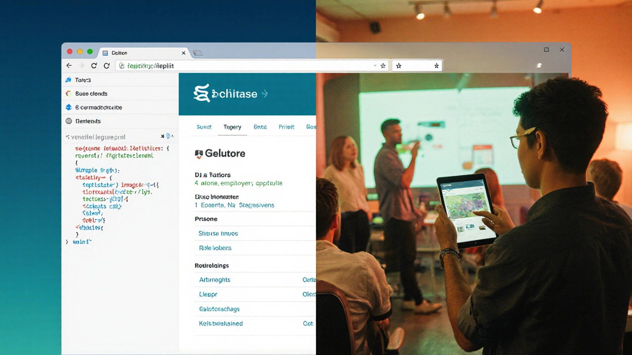 Before and after: beginner coder transforming into a developer presenting a website to a team.