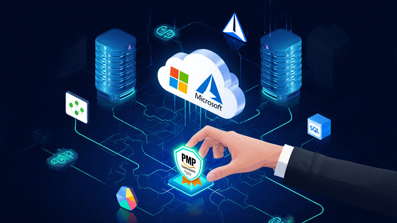Cloud infrastructure with Azure and AWS logos with a PMP certification badge at the center.