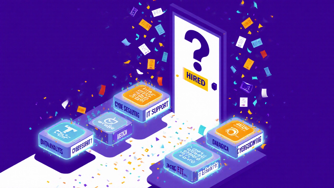 Digital path of certifications leading to a &#039;Hired&#039; door with job offers falling like confetti