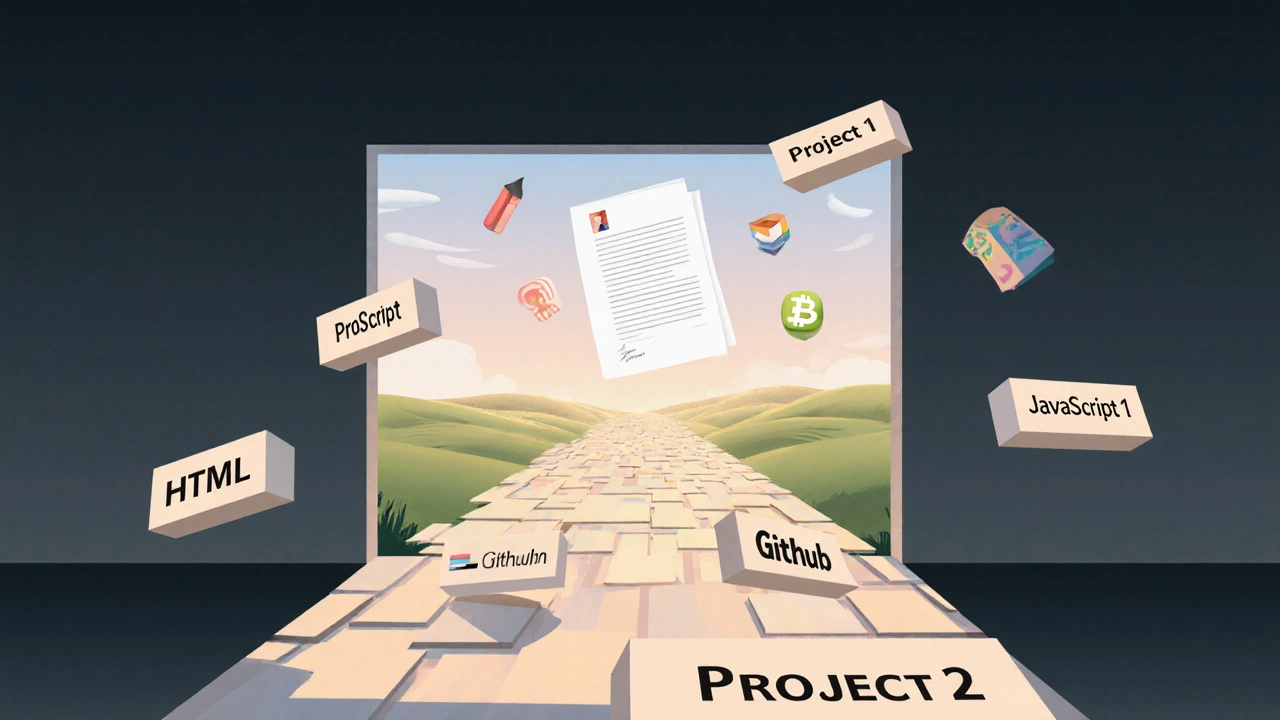 Digital path of coding milestones leading from darkness to light, symbolizing free learning journey.