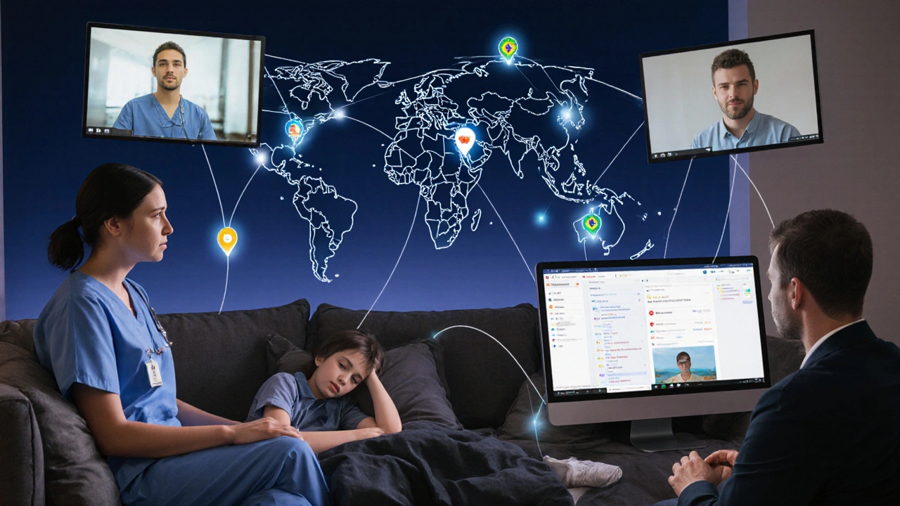 Diverse individuals connected digitally across homes, symbolizing global distance learning.