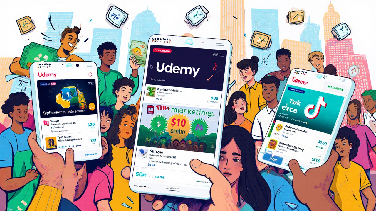 Diverse learners engaging with Udemy courses on tablets in a vibrant digital marketplace.