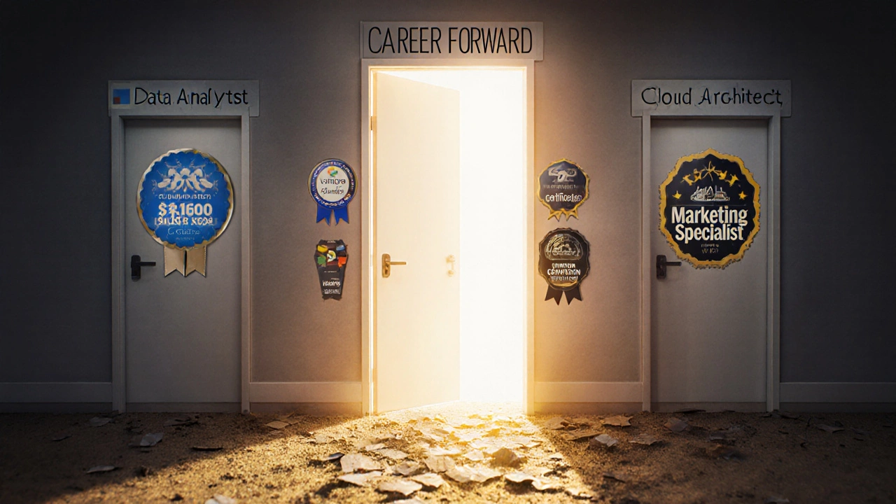 Door to career opportunities open with verified certification badges, others crumbling away.