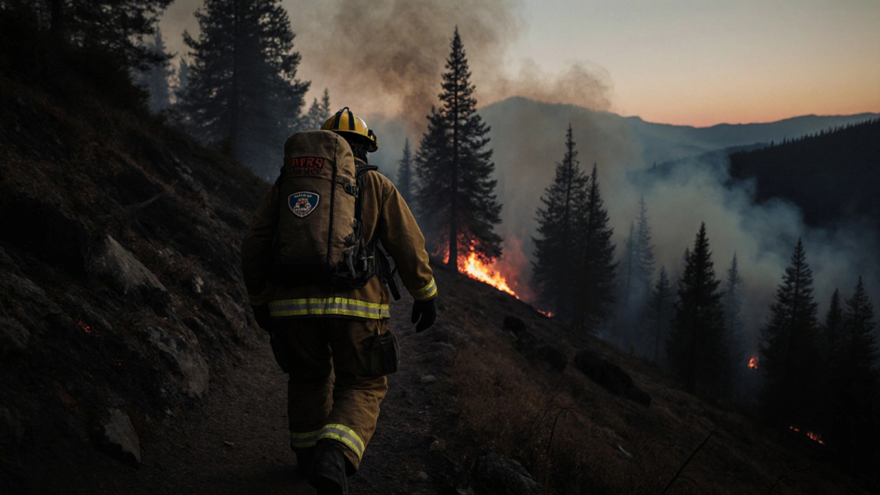 Forest firefighter hiking steep trail at dusk, pack on back, smoke and distant flames behind.