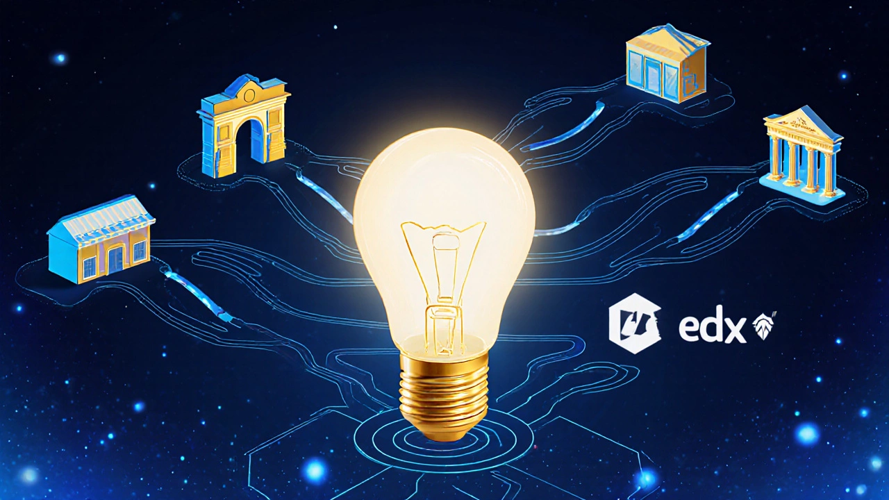 Four educational platforms represented as paths leading to a glowing lightbulb of knowledge.