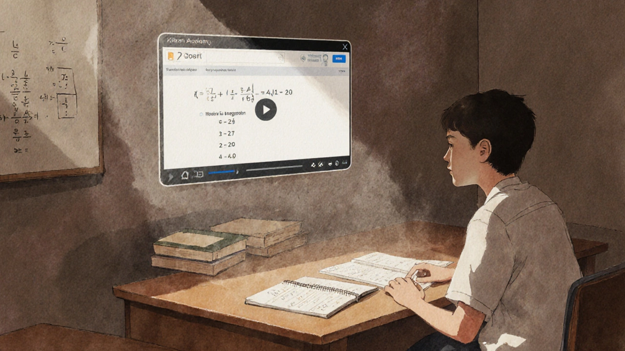 Student studying algebra with Khan Academy lessons in a quiet, sunlit room.