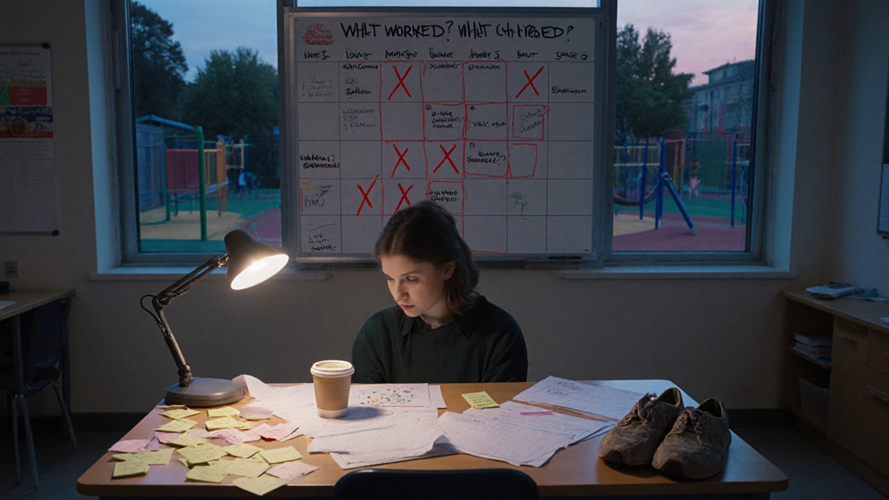 Teacher trainee alone in an empty classroom at dusk, surrounded by lesson plans and reflections.