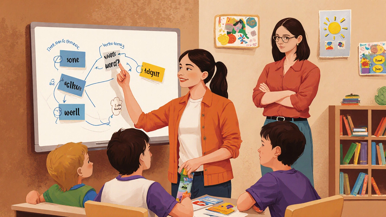 Trainee working with three students using flashcards during a small-group reading session.