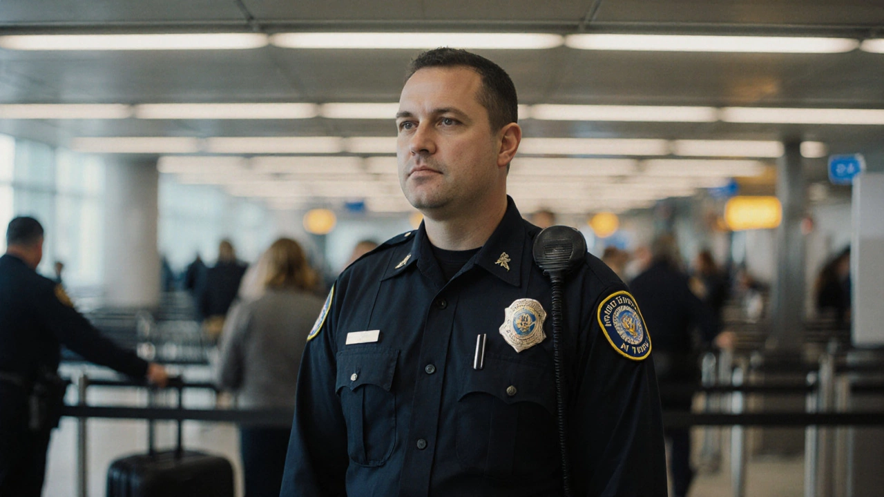 TSA officer calmly screening luggage at airport checkpoint, fluorescent lighting, focused expression.