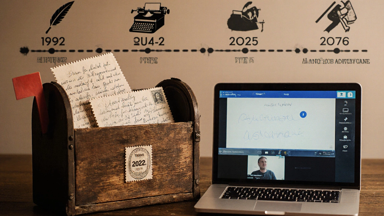 Vintage mailbox next to modern laptop, showing evolution of distance education over time.