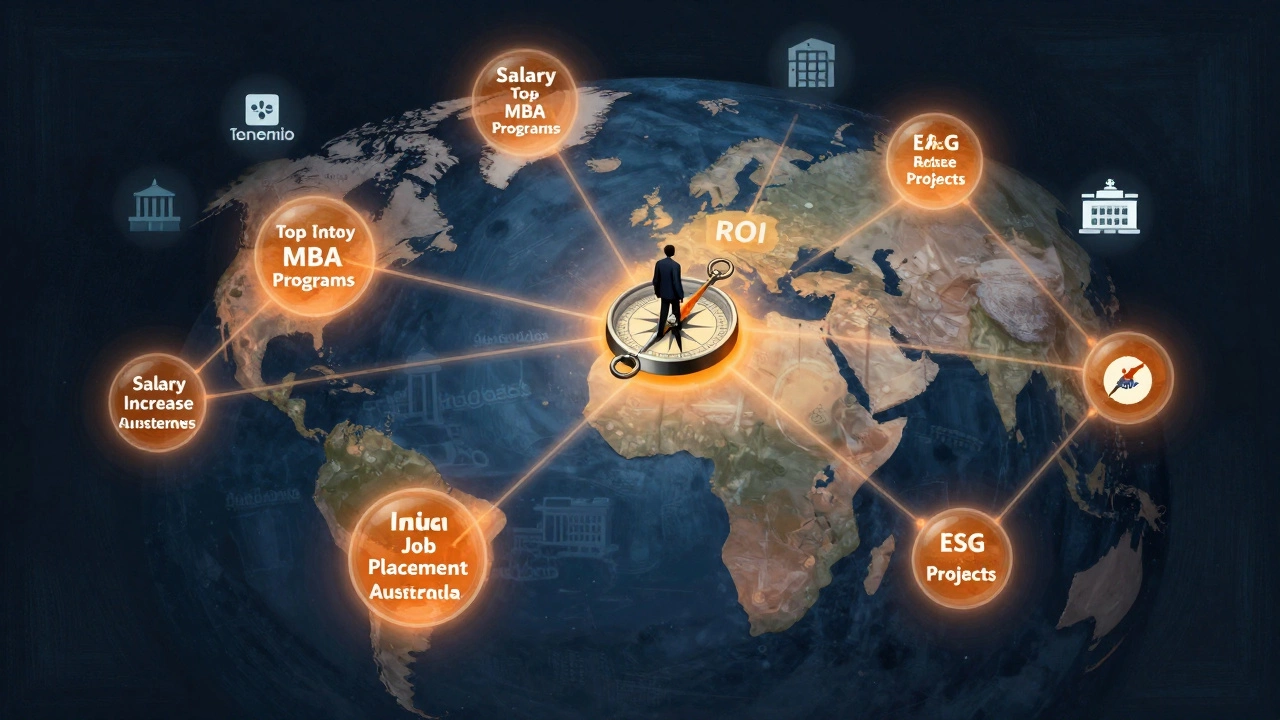 A global network of MBA programs connected by data streams, with a figure using a compass to find the highest return on investment.
